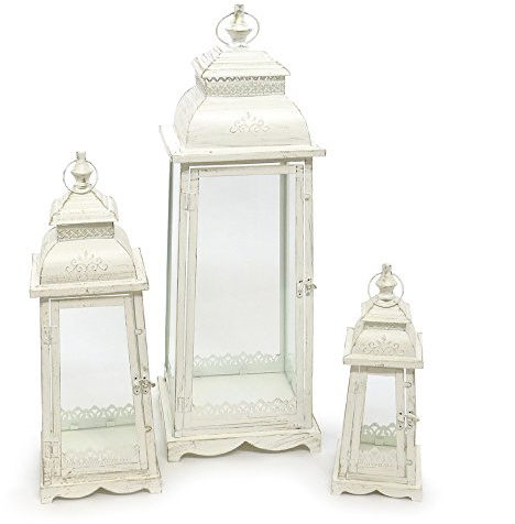 3tlg. Set Laterne Lugano Creme weiß antik aus Metall Ornament verziert