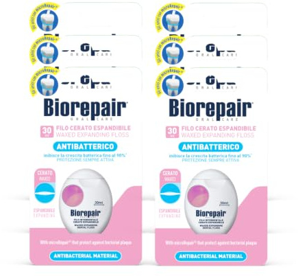 Biorepair, Filo Interdentale Cerato Espandibile, 6 x 30 mt, Ideale per Gengive Delicate, con MicroRepair, Protegge dalla Placca Batterica, Inibisce la Crescita Batterica Fino al 90%, per Igiene Orale