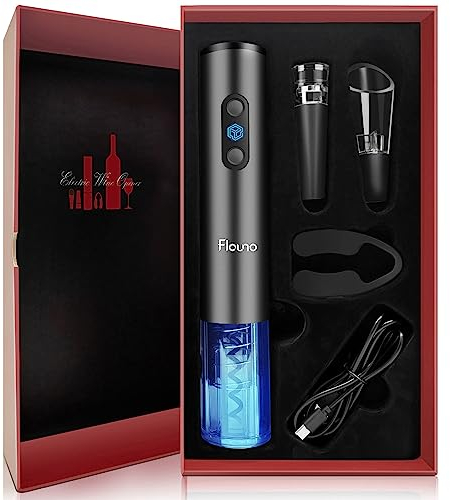 Flauno Electric Wine Opener Rechargeable, Automatic Wine Corkscrew Bottle Opener Battery Operated with Foil Cutter, Vacuum Wine Stopper, Wine Aerator Pourer, USB C Charger, Premium Wine Gifts Set