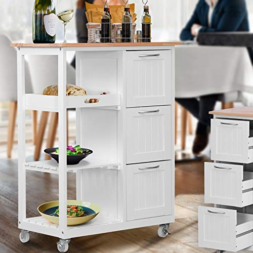MIADOMODO® Küchenwagen auf Rollen - 3 Schubladen, 3 Ebenen, Arbeitsplatte, Holz/MDF, 67x37x87cm, Weiß - Servierwagen, Rollwagen, Küchentrolley, Küchenschrank Landhausstil, Beistellwagen, Küchenregal