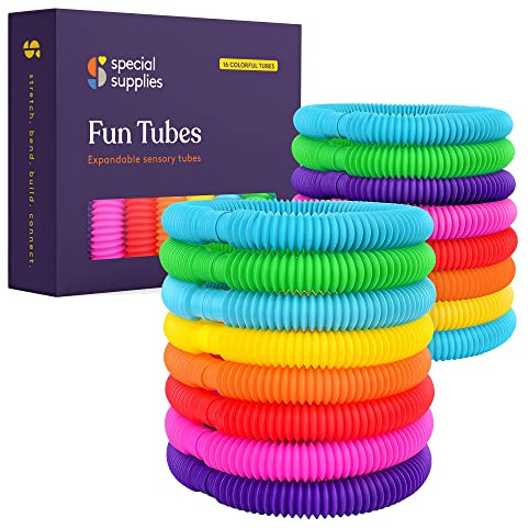 Special Supplies Fun Pull and Stretch Tubes for Kids - Pop, Bend, Build, and Connect Toy, Provide Tactile and Auditory Sensory Play, Colorful, Heavy-Duty Plastic (16-Pack Primary Colors)