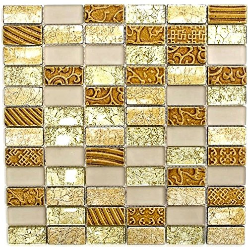 Mosaik Fliese Transluzent gold Rechteck Glasmosaik Crystal Stein Retro gold für WAND KÜCHE FLIESENSPIEGEL THEKENVERKLEIDUNG Mosaikmatte Mosaikplatte