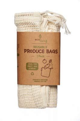 Eco Living Natural Organic Reusable Produce & Bread Bags Set of 3, 100% Plastic Free, Suitable for Vegans.