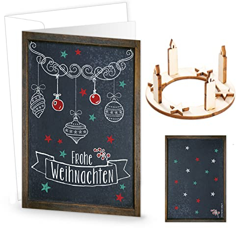 Logbuch-Verlag 10 gleiche Karten Weihnachten 2024 mit mini Adventskranz aus Holz kleines Geschenk mit Weihnachtskarte und Kuvert schwarz