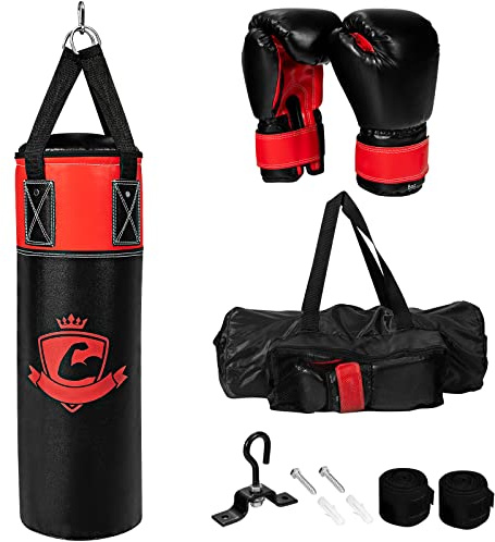 COSTWAY Set sacco da boxe appeso per bambini, Con guantoni da boxe 8 Once, Sotto guanti e borsa, Imbottitura sostituibile, Per allenamenti di karate kickboxing taekwondo (Nero)