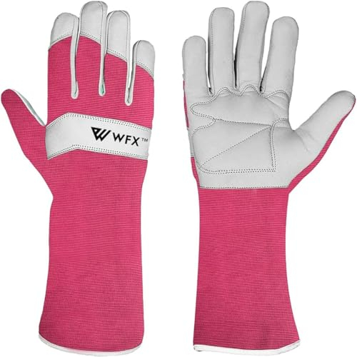 WFX Long Gardening Gloves Leather Ladies Men Women Durable Goatskin Garden Gloves Forearm Protection Thorn Proof Gardener Work Spandex Sleeves Rose Pruning Gift (Large, Pink)