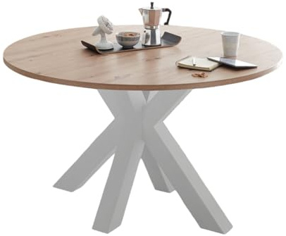 58 aufm Kessel Esstisch Rund ausziehbar Edda 10 110 x 110 x 78 Küchentisch Weiß Matt Lack/Asteiche 13558-110