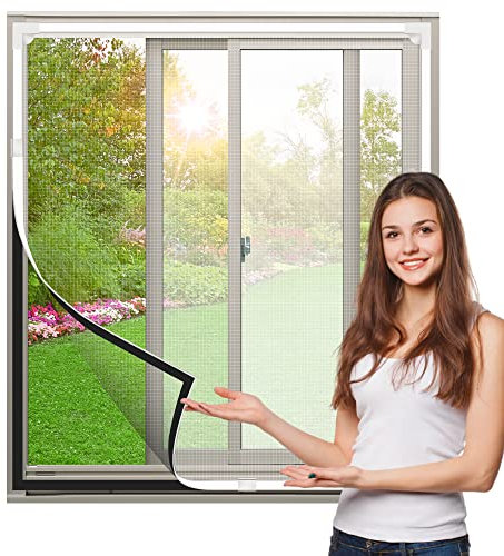Adjustable DIY Magnet Fly Window Screens Max 110x120CM Fiberglass Mesh, Easy Installation Removable Anti-Mosquito Screens Keep Out Bugs/Flies/Mosquitoes (White Frame, Grey Encrypted Mesh)