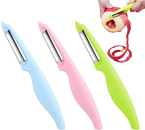 melebellot 3er Pack Kartoffelschäler,Edelstahl Universalschäler Mit Pendelklinge Für Obst Und Gemüse,Zackenschliffklinge/Zweischneidig(Grün+Rosa+Blau)