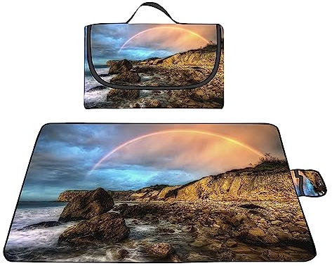 TengYuer Picknickdecke 180x200cm Stranddecke Wasserdicht Sandfrei Isoliert Faltbar Strandmatte mit Tragegriff Outdoor Campingdecke XXL für Camping Parks Strände Picknick Blau-Gelb-Himmel