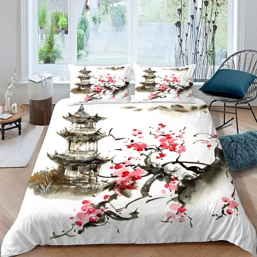AASIRA Japan Sakura Bettwäsche 135x200 Kinder Bettwäsche Japanische Landschaft Weiche Mikrofaser Bettbezug mit Reißverschluss Jungen Mädchen Bettwäsche-Set 3D Motiv Bettbezüge mit 2 Kissenbezug 80x80