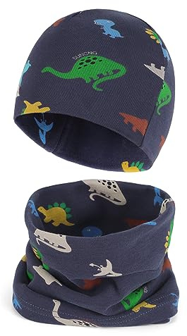 Cheerful Mario Ny Född Bomull Scarf och mössa Set för Baby Pojke Flicka Mjuka och charmiga mönster, Dinosaurier grå, 3-7 año