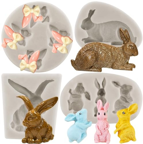 MYPRACS 4 Stück Kaninchen Silikonform Fondant Osterhasenohren Schokoladenformen zum Dekorieren von Kuchen Cupcake Topper Süßigkeiten Gummipaste