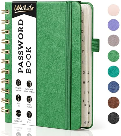 WEMATE Livre de mots de passe à spirale avec onglets alphabétiques, petit livre de mots de passe pour les personnes âgées, carnet de mots de passe Internet - 4.7''x 6''