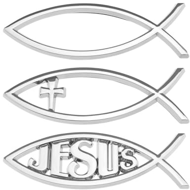 eMagTech 3 Stück 3D Auto Jesus Fisch Aufkleber 3 Stil Christian Kreuz Fisch Emblem Metall Optik Aufkleber für Auto Fenster Laptop Gepäck Kühlschrank 140 x 45 x 6 mm, Silber
