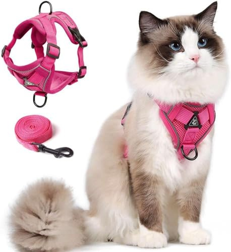 Skmeditec Katengeschirr und Leine: verbesserte, ausbruchsichere Weste mit Leine für große Katzen, kleine Hunde, Welpen, weiche Jacke, reflektierende Streifen, Größe L, Rosa