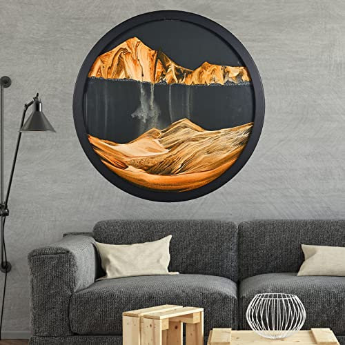 QTQHOME Dynamische 3D-Sandmalerei, Wandmontage, 360° drehbar, Kunstskulptur, runde Tiefsee-Sandlandschaft, fließende Kunstbild, Büro, Arbeitszimmer, Dekoration (60 cm, Orange)