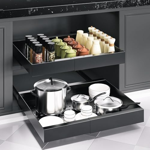 HEYOUTH 2x Tiroir Télescopique Réglable 31-52 cm – Organisateur de Cuisine Noir Anti-Dérapant pour Meubles et Placards (43x7,5 cm) Noir