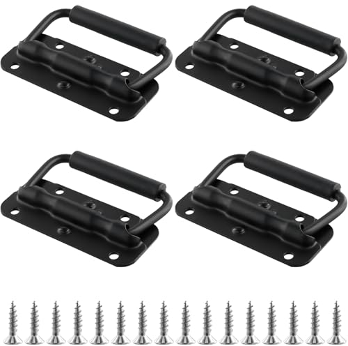 FUNSUEI Lot de 4 Poignées Pliantes à Ressort, Poignée de caisse pliable avec 4 trous et vis, 100 x 41 mm, noire
