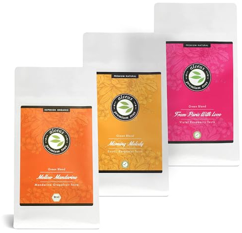 Alveus Premium Tee Mellow Mandarine, Morning Melody & From Paris with Love | 3x100g Grüntee Aromatisierte Kräutertee Mischung perfekt für Entspannung & Genuss, ca. 120 Tassen