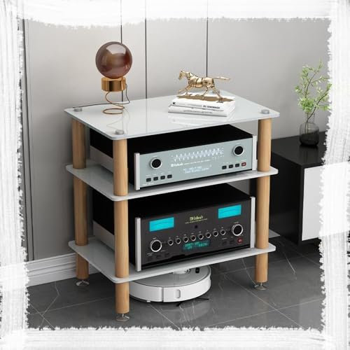 HAEKEBC HiFi Audio Video Geräteschrank Massivholz Gehärtetes Glas Verstärkerschrank Professionelles Rack Audio Tower Mehrschichtiger Stoßfester Medienständer(White,3 Tier)
