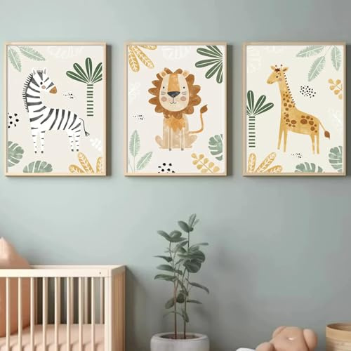 Youihom 3 Bilder Babyzimmer Waldtiere Löwe Giraffe Zebra Poster Set Boho Kinderzimmer Jungen 30x40 Leinwand Dschungel Kinder Baby Wandbilder Junge ohne Rahmen