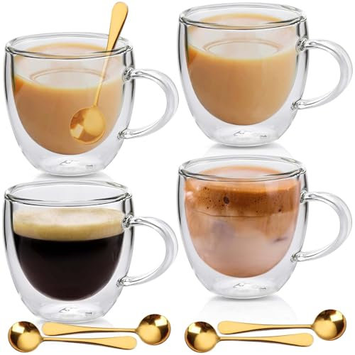 Latte Macchiato Juego de Tazas de Café de Doble Pared - 4 Vasos de 250 ml Con 4 Cucharas - Para Capuchino - Vasos Térmicos de Cristal