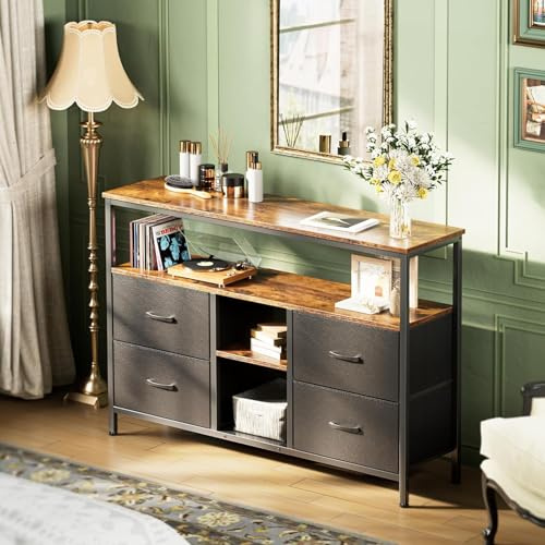 MISNODE Meuble TV, Meuble TV avec éclairage LED et tiroirs et étagères en Tissu, Meuble TV Bas pour Salon Chambre à Coucher (Noir, Petit, 4 Tiroirs)