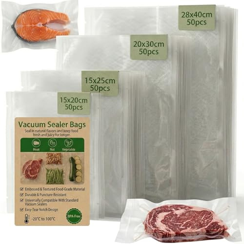 SHUESS Vakuumierbeutel 200er Set, 4 Größen 15x20 15x25 20x30 28x40 cm, Vakuumbeutel Lebensmittel BPA-frei, Sous Vide Beutel, Einschweißfolie für Vakuumierer aus PA+PE für Fleisch und Gemüse
