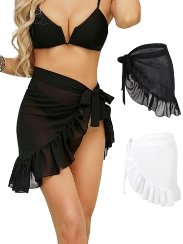 Monbessi 2 stycken pareo damer strand chiffong genomskinlig strandhandduk sarong duk damer strandkjol snörsko, Svart kort + vit kort, one size