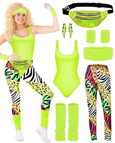 BIQIQI 80er Jahre Outfit Damen Set Retro Trainingsanzug Kostüm 80s 94s Kleidung Kostüm Accessoires Clothes Trikot, Leggings, Stirnband, Armbänder, Beinwärmer, Ohrringe, Gürteltasche