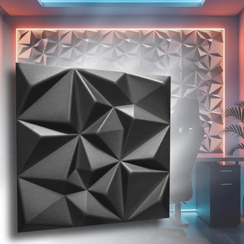 Lot de 16 panneaux 3D en polystyrène XPS, revêtement mural et panneaux de plafond, panneaux muraux légèrement flexibles, rubis 3D, 50 cm x 50 cm, 4 m², noirs