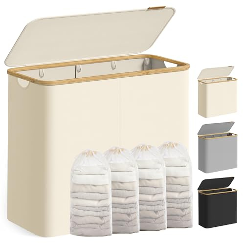 SONGMICS tvättkorg med lock, tvättsorterare med 4 fack, 200 L, avtagbar tvättpåse, Oxford-tyg, bambuhandtag, hopfällbar, 78 x 38,5 x 70,5 cm, krämvit LCB514WD01