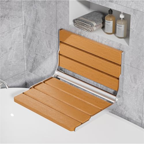 AKIMRABY Folding Shower Seat Wall Mounted, 15 Folding Shower Bench for Elderly, Disabled, Pregnant, Foldable Shower Chair for Small Bathroom, 400 lbs Capacity, Space-Saving Design - Teak