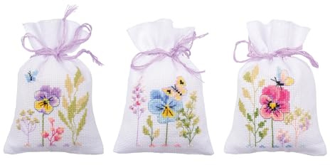 Vervaco Kräutertütchen Kreuzstich Stickpackung Stiefmütterchen 3er Set, Zählmuster, 8x12cm