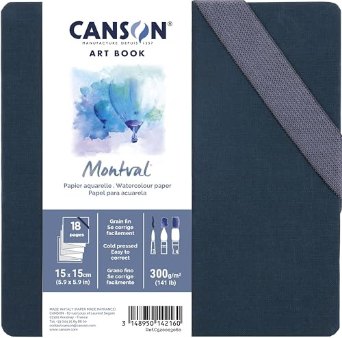 Canson Montval Art Book, Aquarellpapier, feine Körnung, 300 g/m², Akkordeon-Format, Hardcover, 15 x 15 cm, Weiß, 18 Seiten