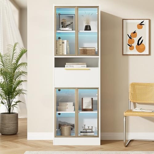 Bücherschrank mit glastüren 60x35x180 cm, Glasvitrine mit led beleuchtung, Wohnzimmerschrank mit Schubladen und offenem Stauraum, Vitrinenschrank für Wohnzimmer, Arbeitszimmer oder Büro, Weiß + Gold