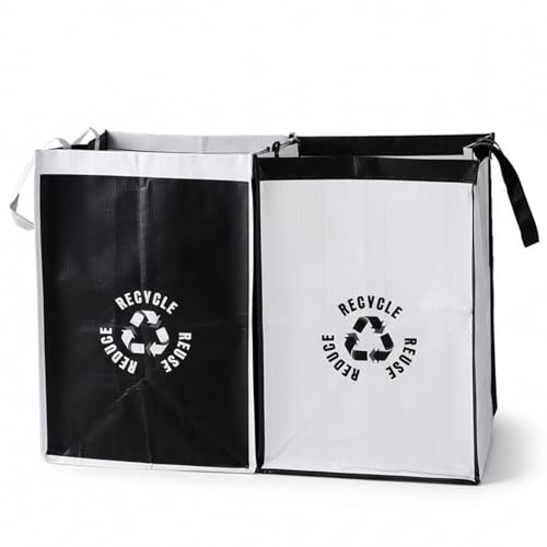 QFWFG 2 Pack Recycling Bags - Black & White Detachable Recycle Bin | Storage Bags with Handles, Waterproof Foldable Reusable Recycling Box for Kitchen, Home Waste Sorting & Laundry Storage