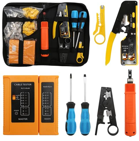 Herramienta de Crimpado RJ45 con Probador Red, Kit de Crimpadora con RJ45 CAT5-, CAT5e-, CAT6-, CAT6A- und CAT7, profesional Kit de Herramienta de Red Alicates de Crimpar