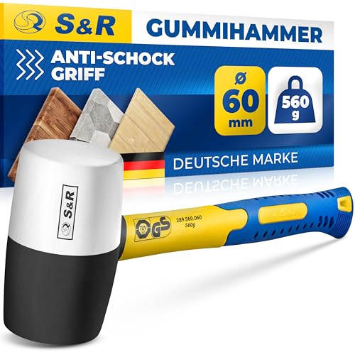 S&R Marteau Caoutchouc Noir/Blanc 60mm-560 Gr. Maillet en Caoutchouc sans rebonds professionnel manche en fibre de verre antidérapant. Marteau Carreleur pour pavés, carrelage, camping, certifié GS
