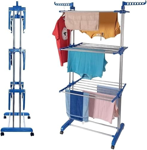 Almineez Airer Clothes Drying Rack, Extra Large 4-Tier Capacity Foldable Clothes Drying Rack with Wheels, Adjustable Large Stainless Steel Garment Laundry Racks for Indoor Outdoor with Foldable Wings