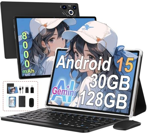 Tablette Android 15 10 Pouces, 30Go RAM+128Go ROM,8000mAh,avec Clavier-Noir | Écran IPS HD, Octa-Core, TF 2To extensible, WiFi 6, Métal, Face ID, Widevine L1, Souris & Étui inclus