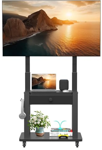 Mobile TV Stand with Fabric Drawer Storage for 32-75 Inch Flat/Curved Screen up to 220lbs LCD/LED/OLED Adjustable Height Rolling TV Cart with Wheels for Home Office Outdoor Max VESA 600x400mm Black