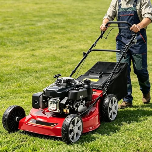DJFYVAEIO Cortacésped De Gasolina De Alta Potencia,Autopropulsado De 18/20,173Cc,4 Tiempos,Ancho De Corte De 46/51Cm,Ajuste De 7 Velocidades,Descarga con Mulch/Bolsa/Lateral,para Patio Y Jardín 18in