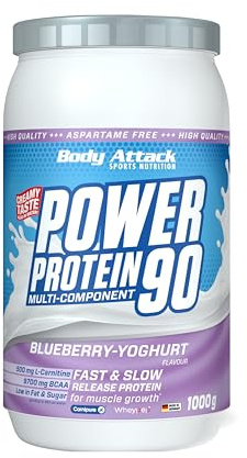 Body Attack Power Protein 90, Mirtillo-Yoghurt, 1 kg, 5K proteine in polvere con proteine del siero di latte, L-carnitina e BCAA per la costruzione muscolare e il fitness