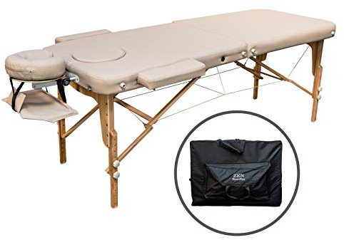 ZEN BASIC III Massageliege klappbar & mobile Massagetisch aus Holz, stabile Massagebett - Massagebank höhenverstelbar, Tattoo & Kosmetikliege, Behandlungsliege mit Kopfteil, Armstütze & Tasche (Creme)