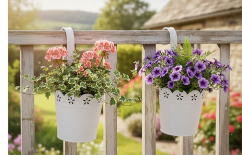 LB H&F Set 2 x Hängetopf Blumentopf zum einhängen Balkontopf Pflanztopf weiss Metall perfekt für Moderne Dekoration und Pflanztöpfe, für Pflanzen im Freien, Balkon, Garten (2)