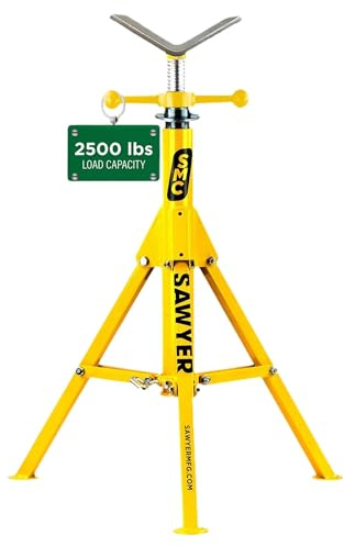 Sawyer Mfg Company Folding V Head Pipe Stand - Heavy Duty Steel Tripod Welding Jack Stand for Pipe Support, Threading, Grooving & Cutting - Adjustable Height 28 to 52 - Portable, Compact & Durable