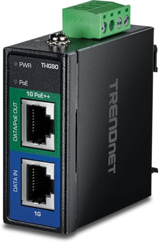 TRENDnet, TI-IG90, Injecteur Industriel renforcé 90 W Gigabit 4Ppoe, 4 Paires d'alimentation sur Ethernet, Poe (15,4 W), Poe+ (30 W), Alimentation 4 Ppoe (90 W), IP30, Rail DIN/Montage Mural Inclus