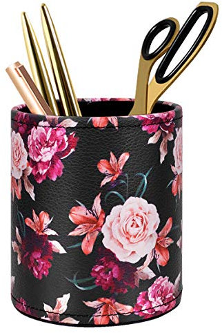 Pen Pencil Holder, WAVEYU Floral Flower Pattern Pen Cup Container PU Leather Desk Organizer Stand Decor Brush Scissor Holder Desk Organizer Decoration for Office Desk Home Decorative, Floral